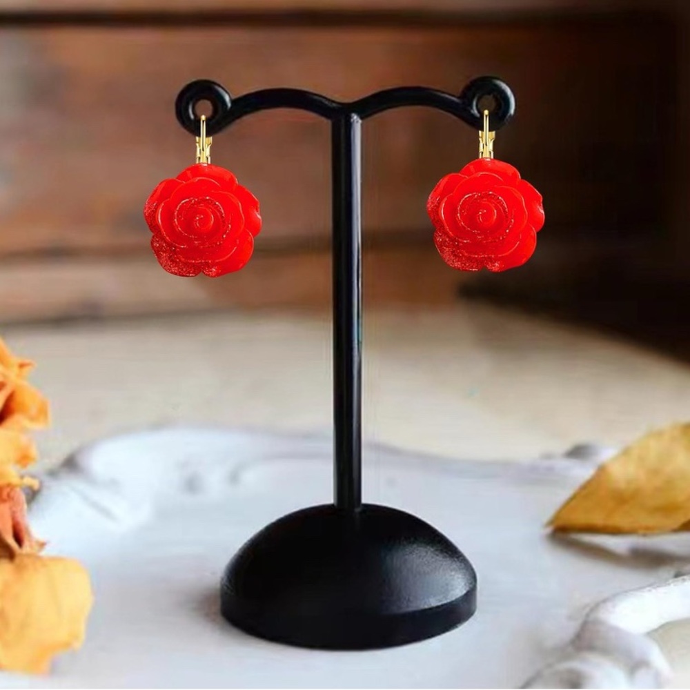Elegant Sparkly Red Rose Earrings - Picture 6 of 6